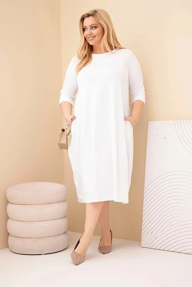 Moteriška Plus Size balta suknelė su rankogaliais ir kišenėmis