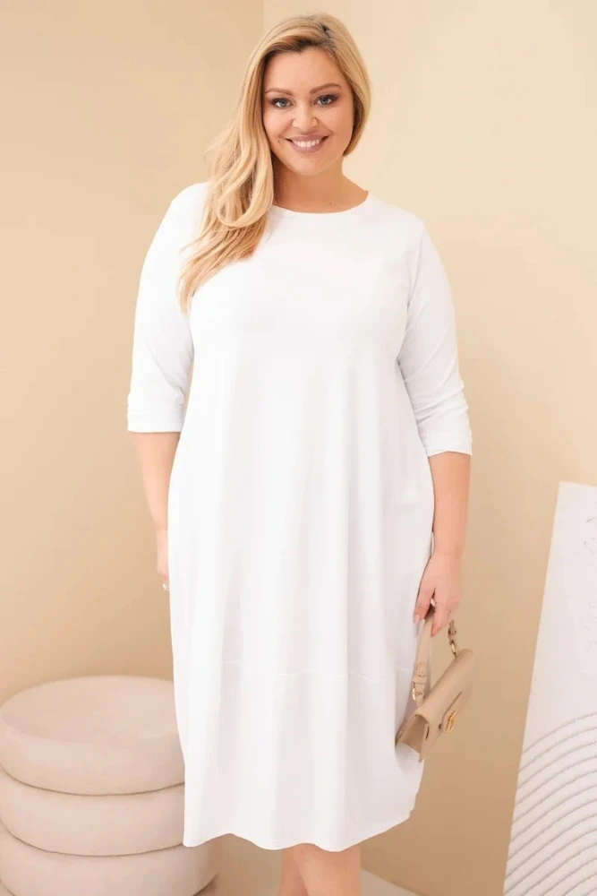Moteriška Plus Size balta suknelė su rankogaliais ir kišenėmis