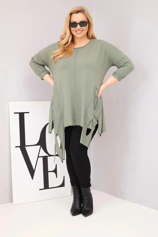 Moteriška Plus Size chaki palaidinė su asimetriniu apačios kraštu ir iškirpimais