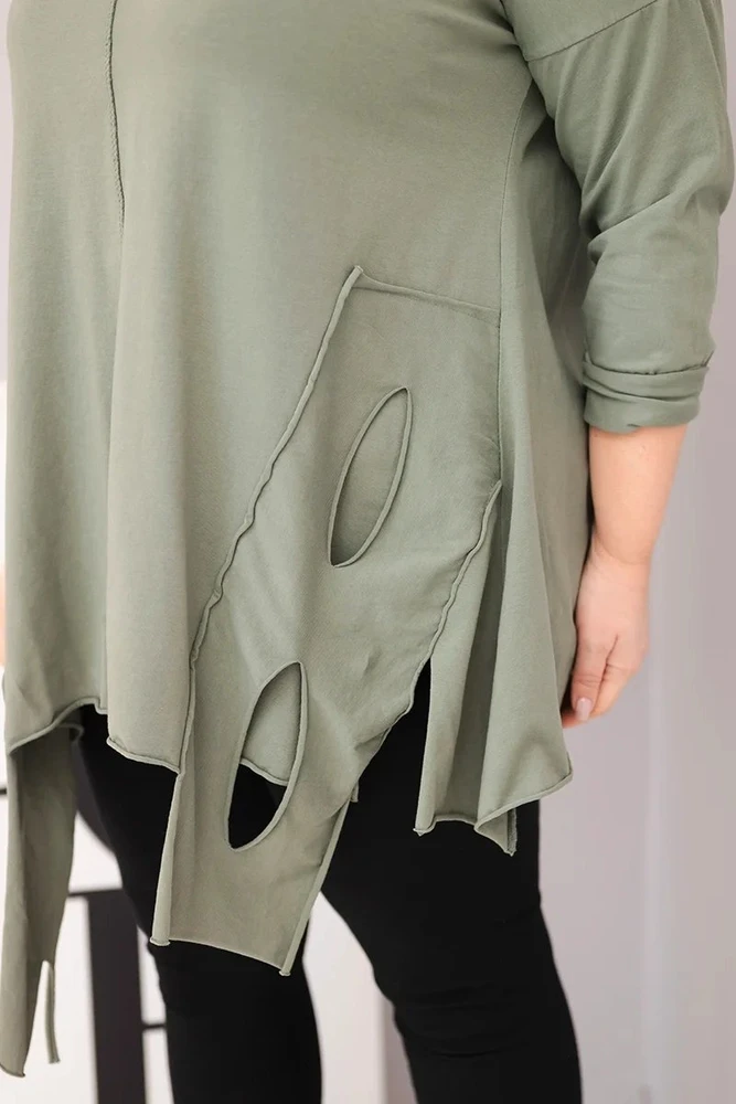 Moteriška Plus Size chaki palaidinė su asimetriniu apačios kraštu ir iškirpimais