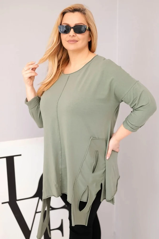 Moteriška Plus Size chaki palaidinė su asimetriniu apačios kraštu ir iškirpimais