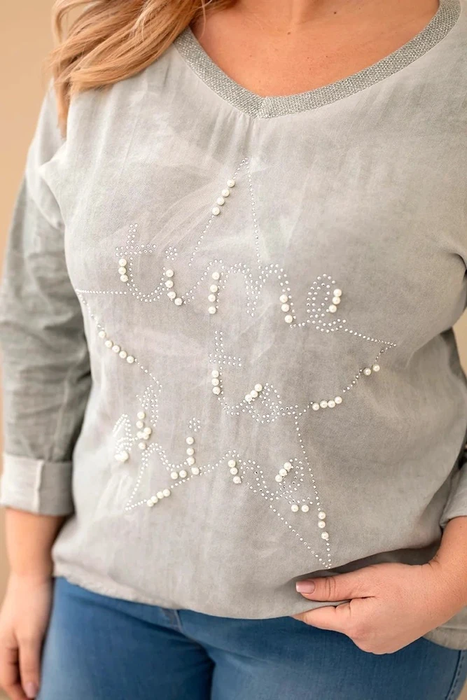 Moteriška Plus Size chaki palaidinė su užrašu ir perliukais