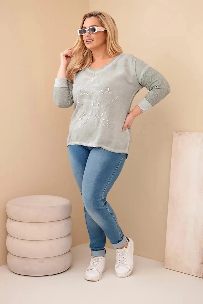 Moteriška Plus Size chaki palaidinė su užrašu ir perliukais