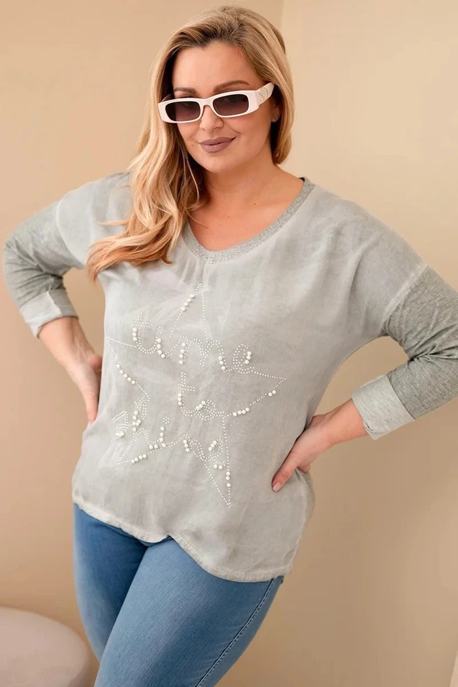 Moteriška Plus Size chaki palaidinė su užrašu ir perliukais