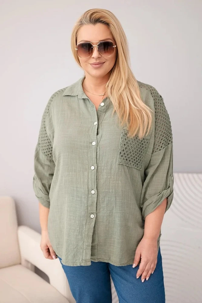 Moteriška Plus Size chaki spalvos marškiniai su apykakle ir nėrinių intarpais