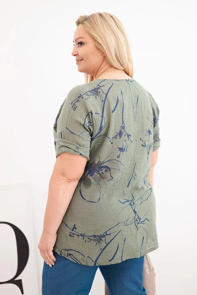 Moteriška Plus Size chaki spalvos palaidinė trumpomis rankovėmis su kišene