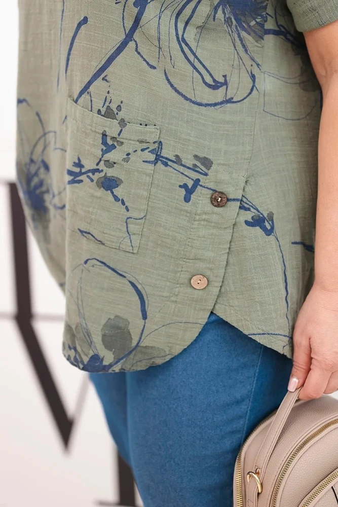 Moteriška Plus Size chaki spalvos palaidinė trumpomis rankovėmis su kišene