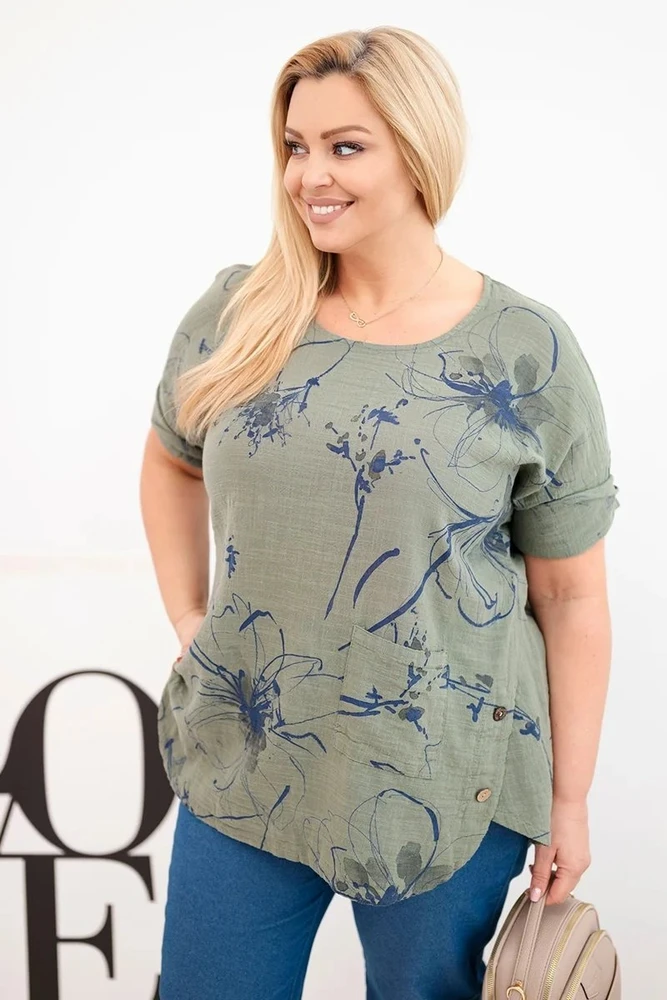 Moteriška Plus Size chaki spalvos palaidinė trumpomis rankovėmis su kišene