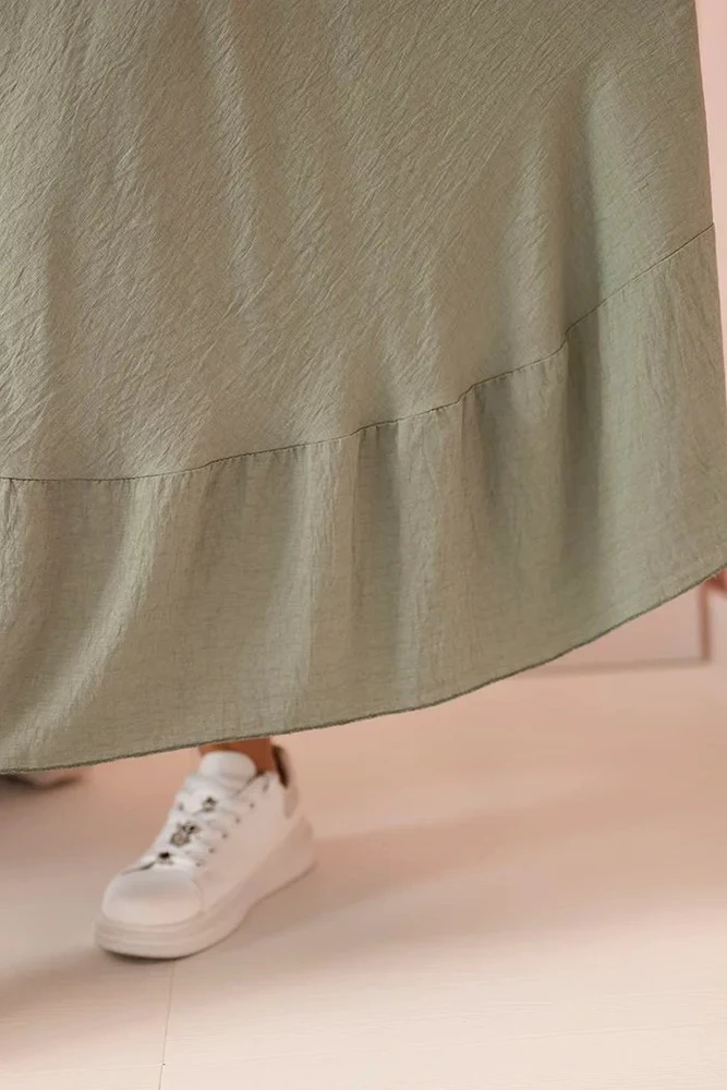 Moteriška Plus Size chaki suknelė su trumpomis rankovėmis ir raukinuku