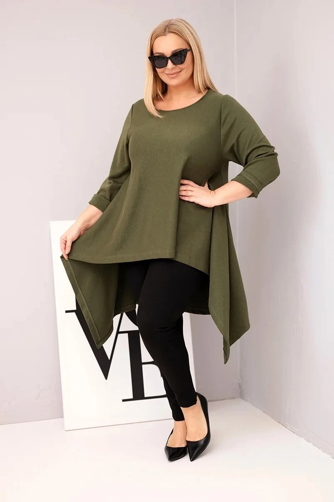 Moteriška Plus Size chaki tunika su asimetriniu kirpimu