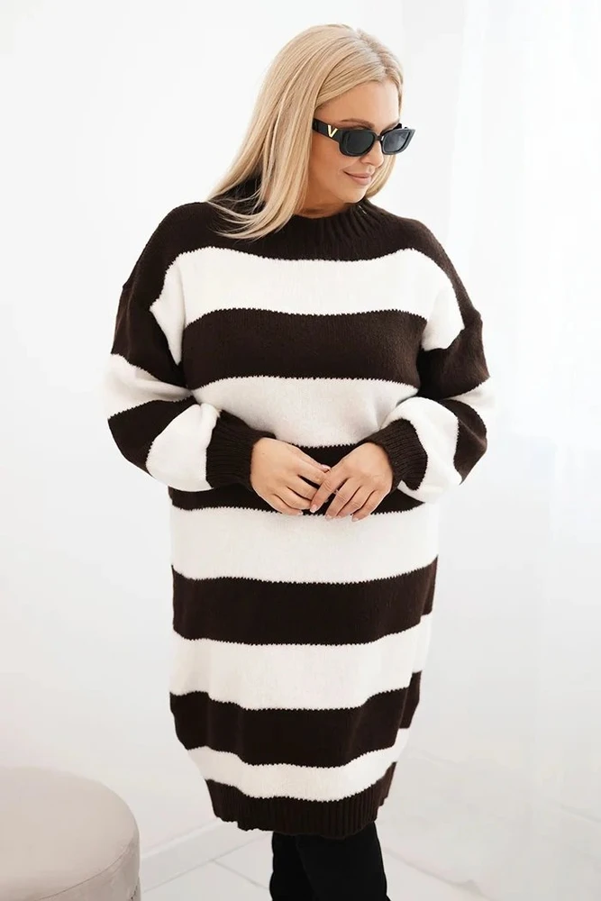 Moteriška Plus Size dryžuota megzta suknelė, rudos spalvos