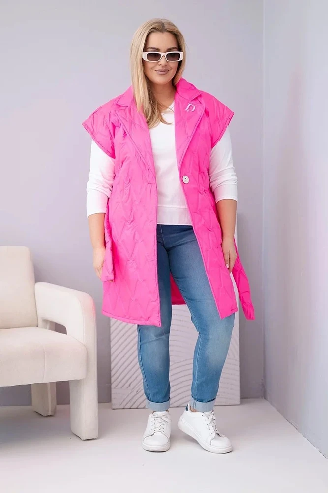 Moteriška Plus Size dygsniuota liemenė su diržu ir apykakle, neoninė rožinė