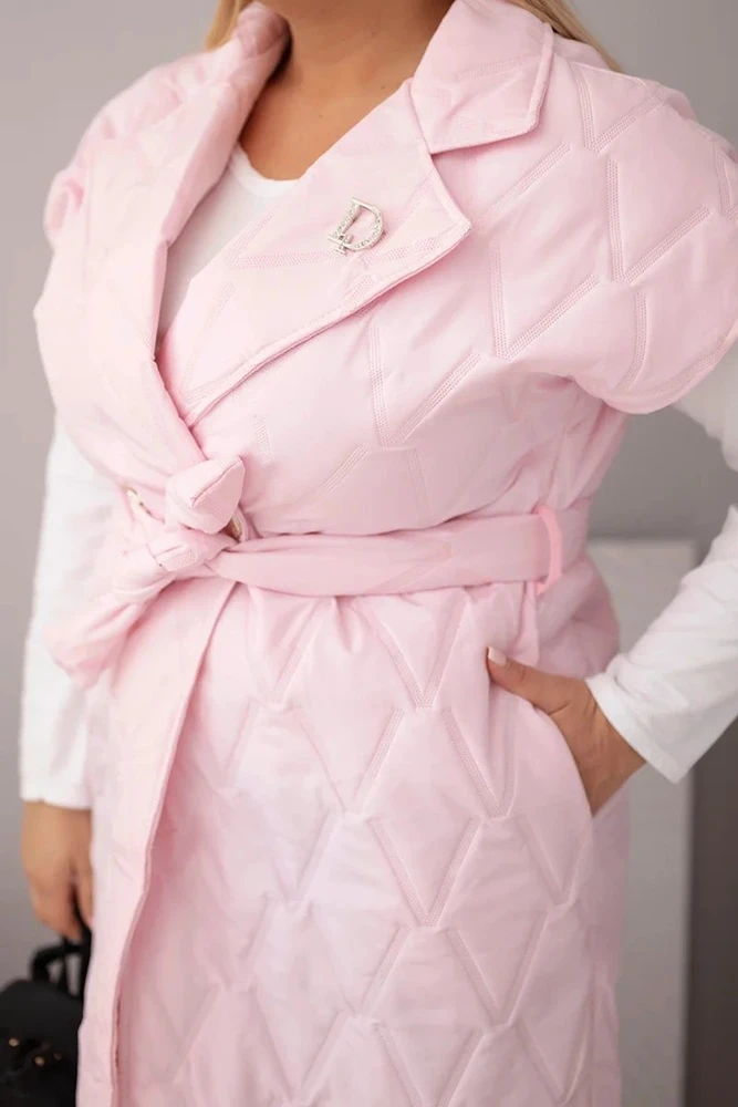 Moteriška Plus Size dygsniuota liemenė su diržu ir apykakle, šviesiai rožinė