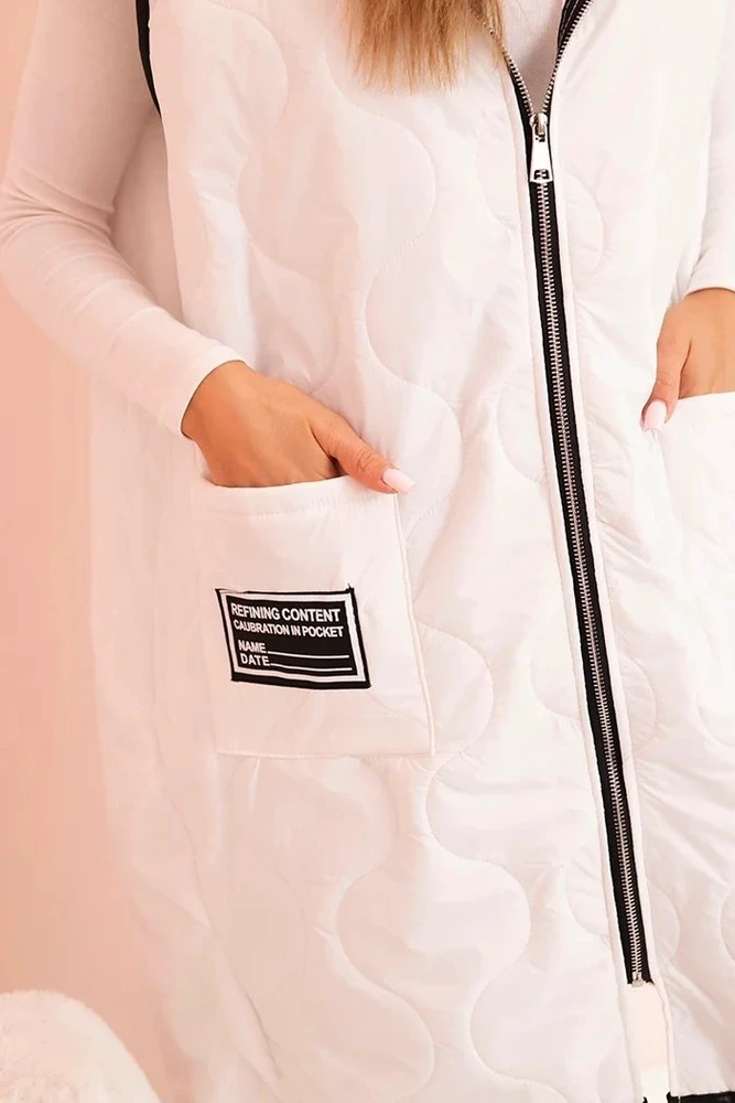 Moteriška Plus Size dygsniuota liemenė su gobtuvu, užsegama užtrauktuku, balta