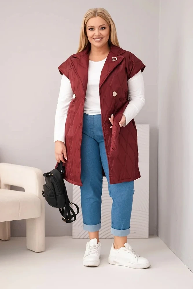 Moteriška Plus Size dygsniuota liemenė su diržu ir apykakle, slyvų spalvos