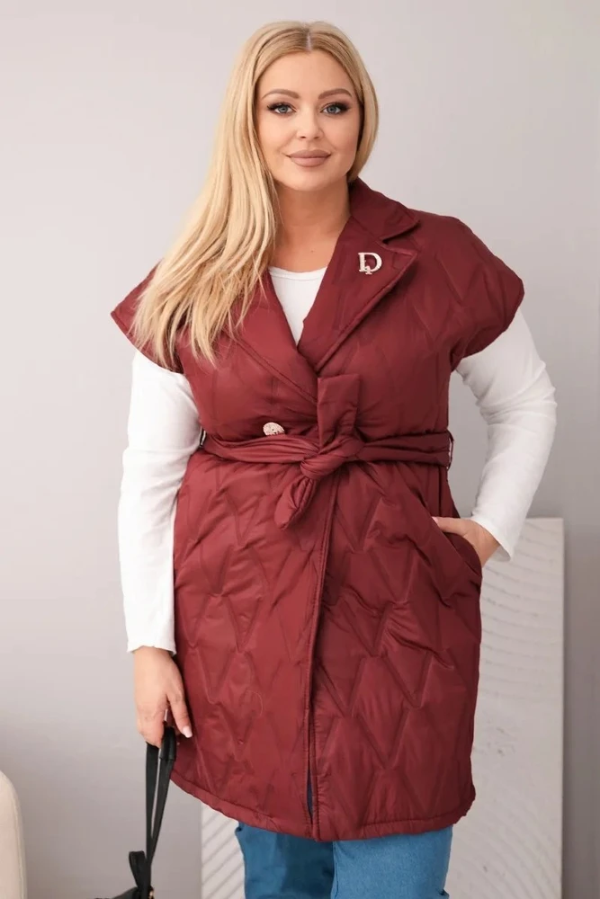 Moteriška Plus Size dygsniuota liemenė su diržu ir apykakle, slyvų spalvos