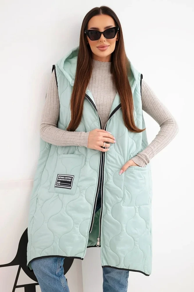 Moteriška Plus Size dygsniuota liemenė su gobtuvu, mėtų spalvos