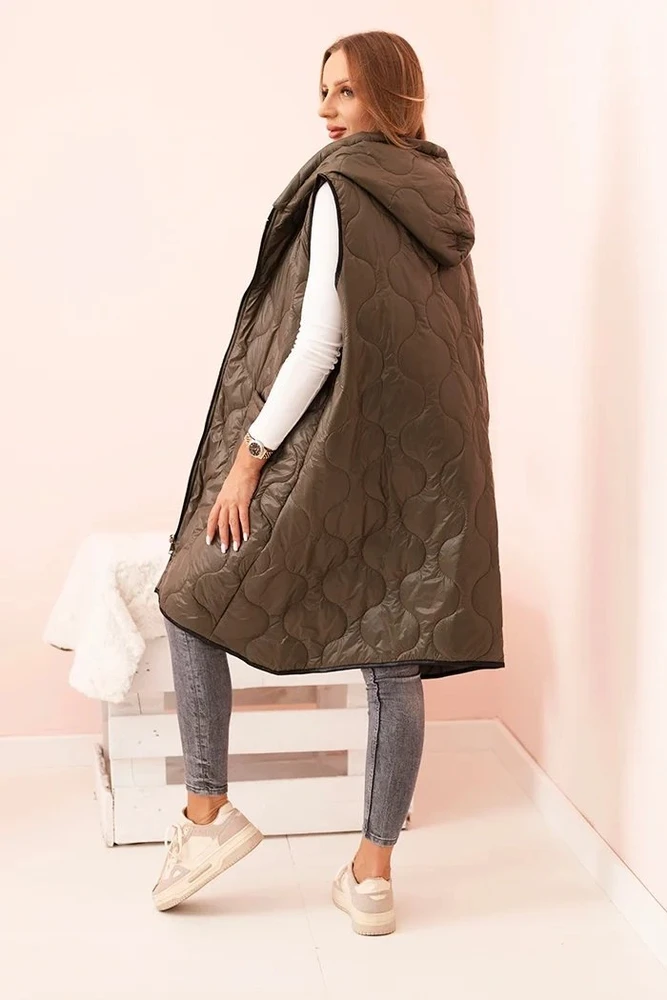 Moteriška Plus Size dygsniuota liemenė su gobtuvu, chaki spalvos