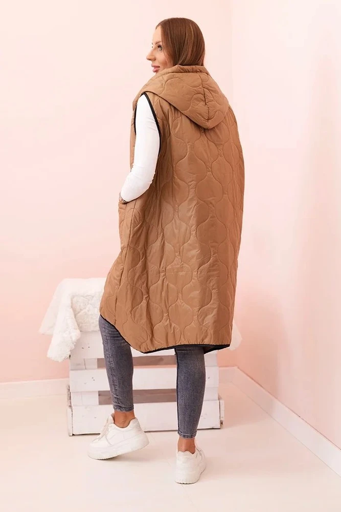 Moteriška Plus Size dygsniuota liemenė su gobtuvu, užsegama užtrauktuku, kapučino spalvos