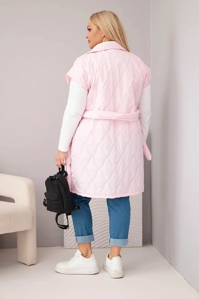 Moteriška Plus Size dygsniuota liemenė su diržu ir apykakle, šviesiai rožinė