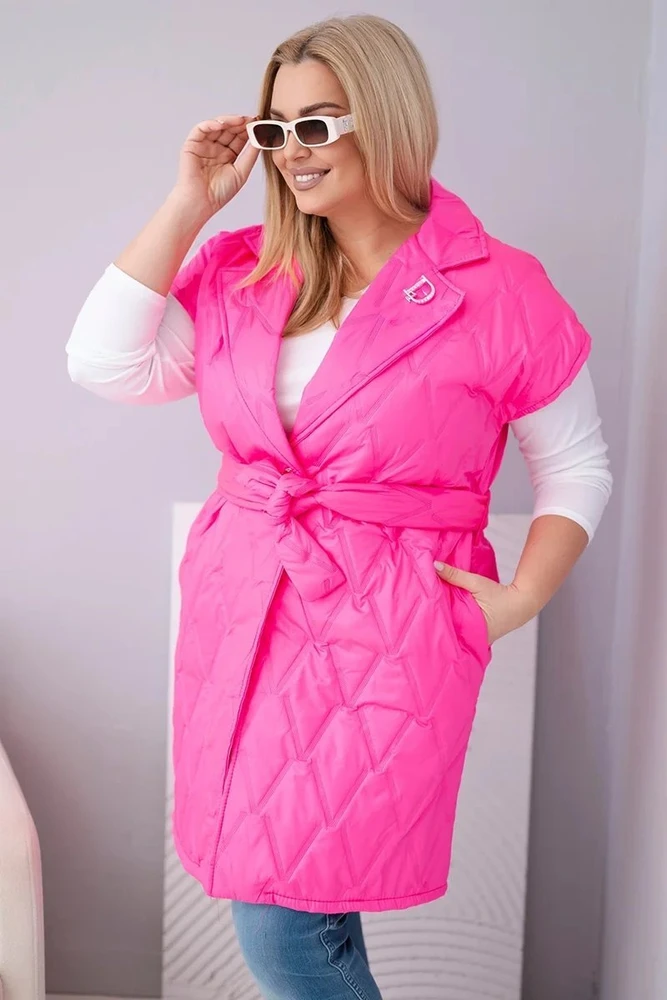 Moteriška Plus Size dygsniuota liemenė su diržu ir apykakle, neoninė rožinė