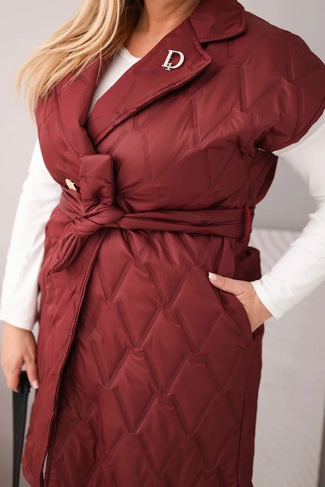Moteriška Plus Size dygsniuota liemenė su diržu ir apykakle, slyvų spalvos