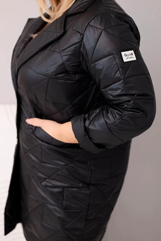 Moteriška Plus Size dygsniuota striukė su dekoratyvinėmis sagomis ir apykakle, juodos spalvos