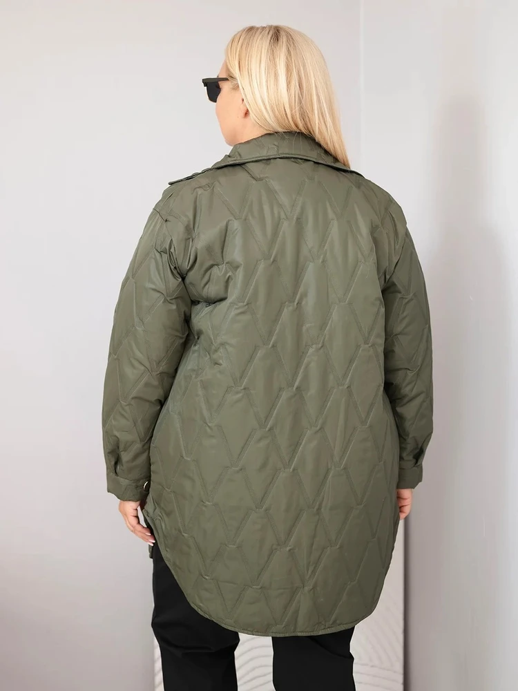 Moteriška Plus Size dygsniuota striukė su apykakle ir kišenėmis, chaki spalvos