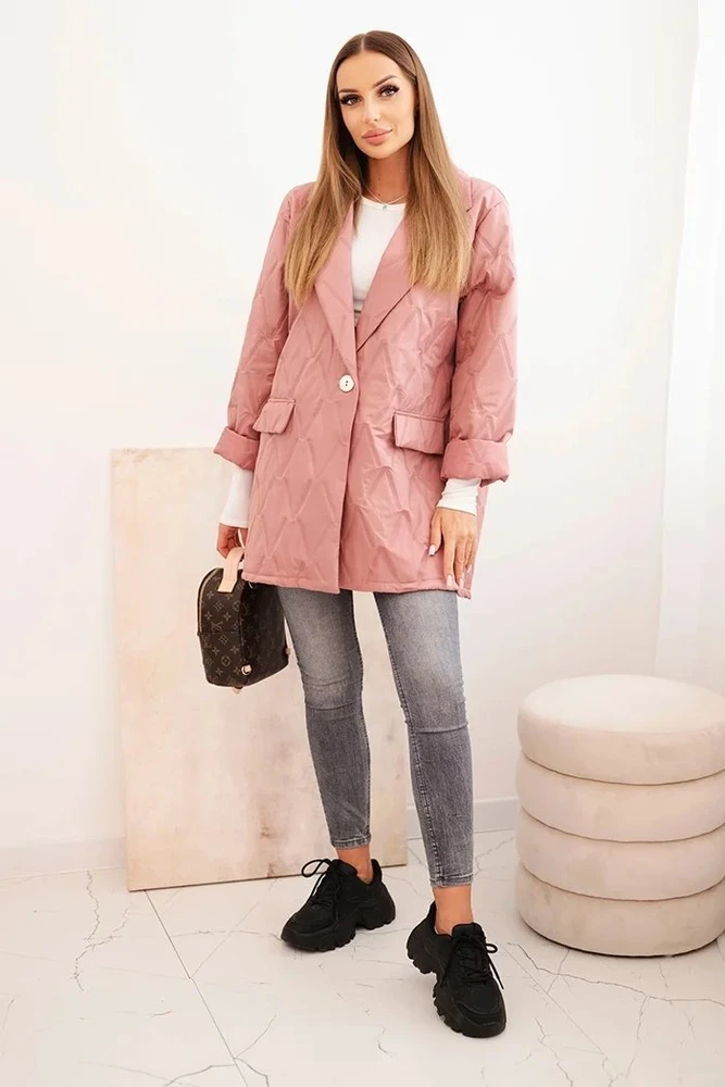 Moteriška Plus Size dygsniuota striukė su apykakle ir saga, tamsiai rožinė