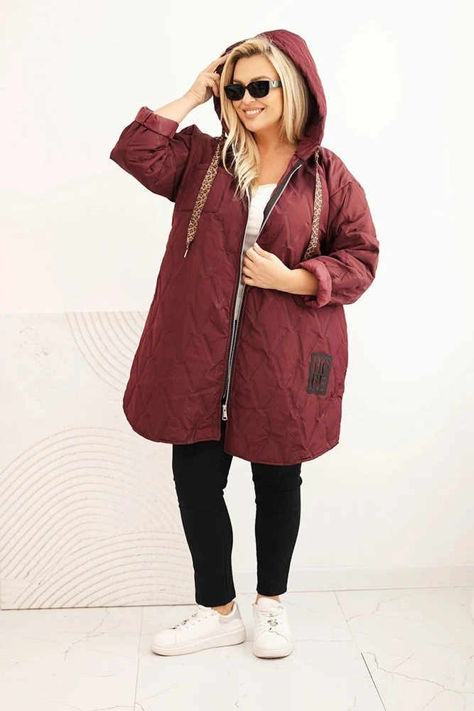 Moteriška Plus Size dygsniuota striukė su gobtuvu, bordo spalvos