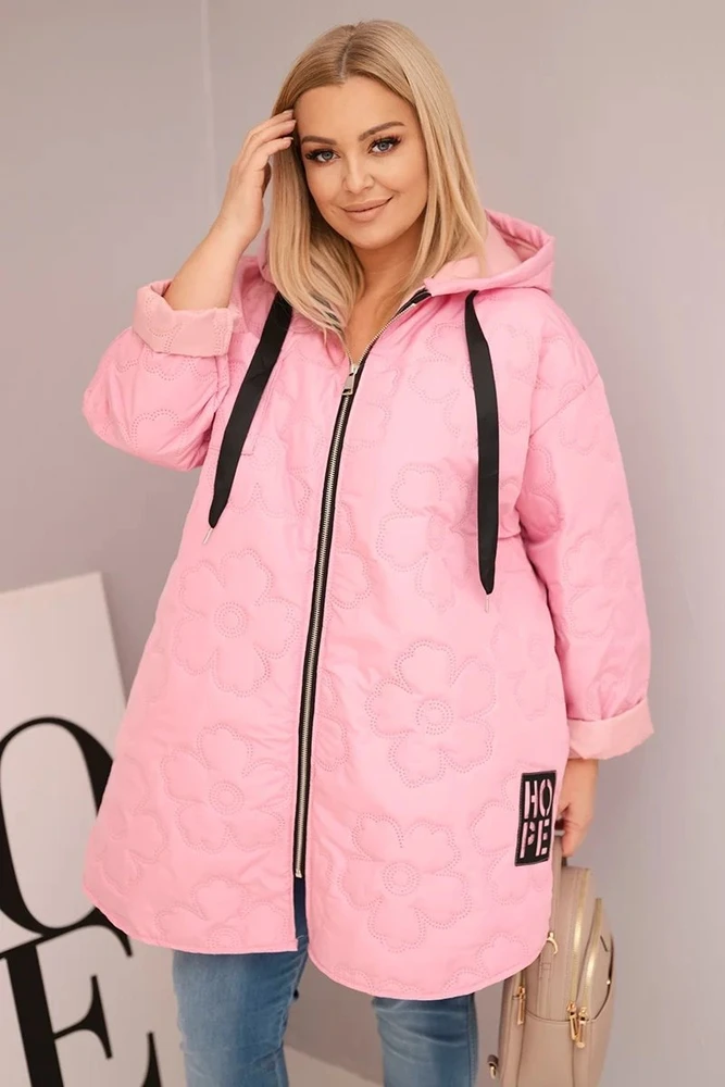 Moteriška Plus Size dygsniuota striukė su gobtuvu, rožinės spalvos