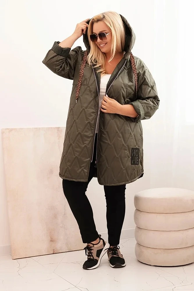 Moteriška Plus Size dygsniuota striukė su gobtuvu HOPE, chaki spalvos
