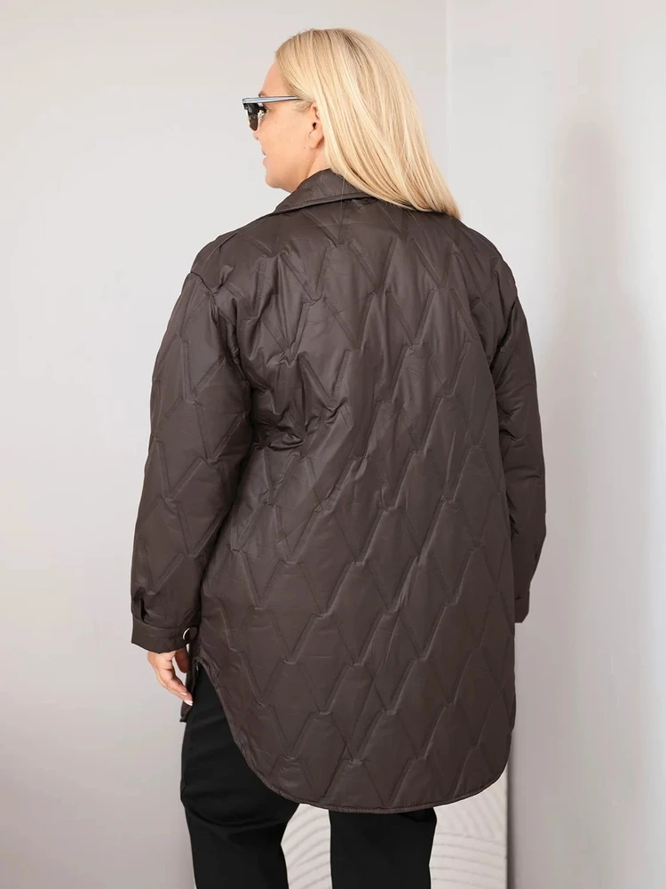 Moteriška Plus Size dygsniuota striukė su apykakle ir kišenėmis, ruda
