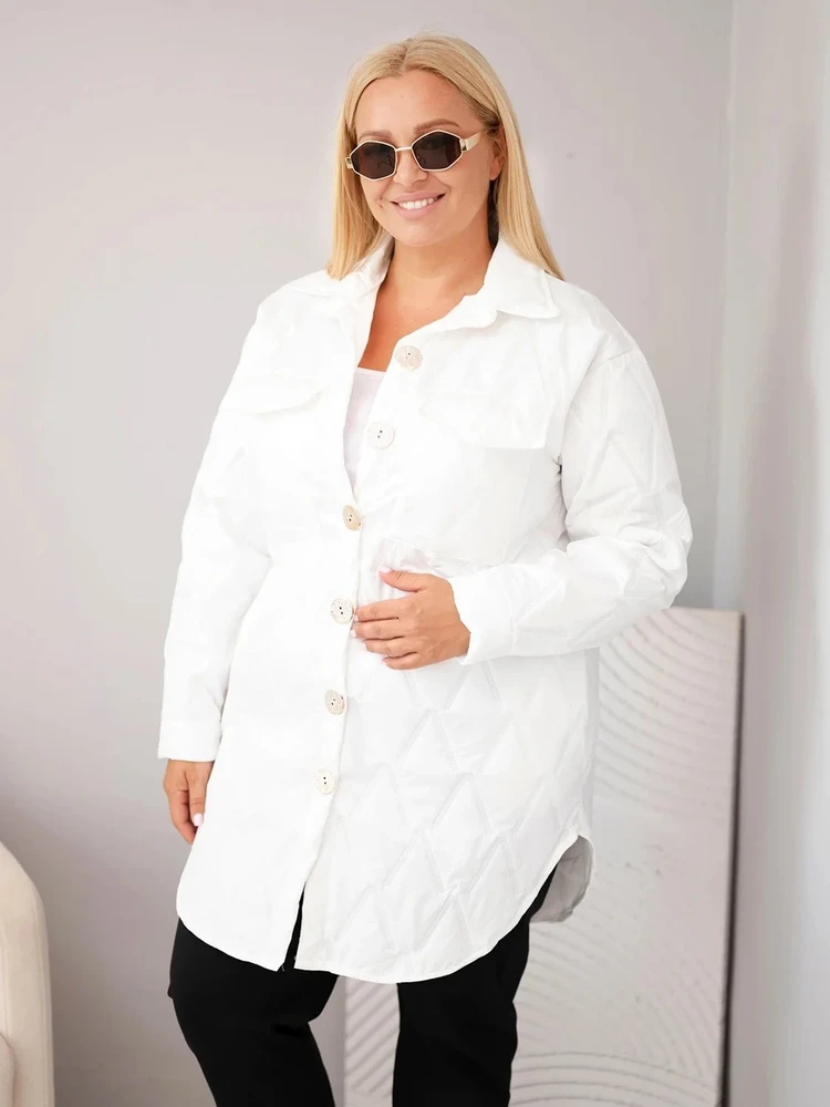 Moteriška Plus Size dygsniuota striukė su apykakle ir kišenėmis, balta