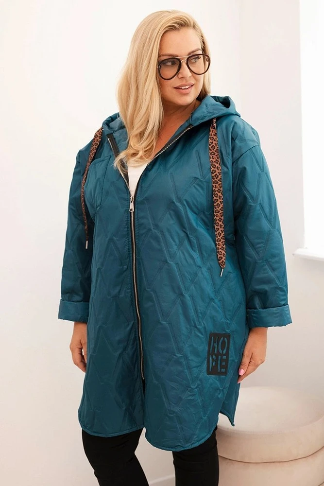 Moteriška Plus Size dygsniuota striukė su gobtuvu ir užrašu HOPE, jūros žalumo spalvos