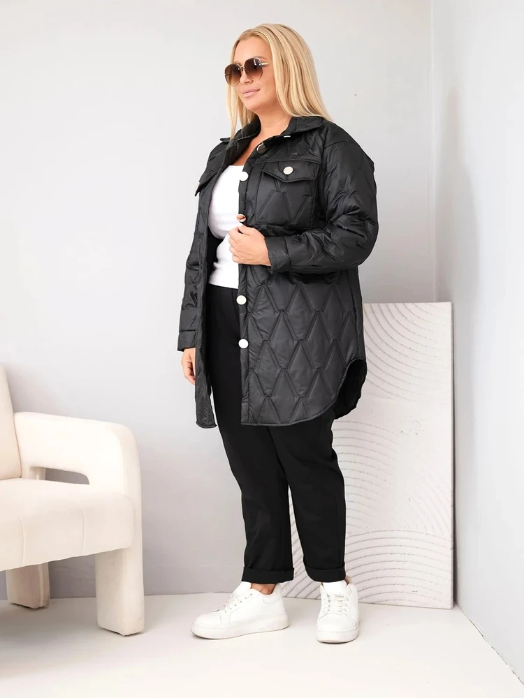 Moteriška Plus Size dygsniuota striukė su apykakle ir kišenėmis, juoda