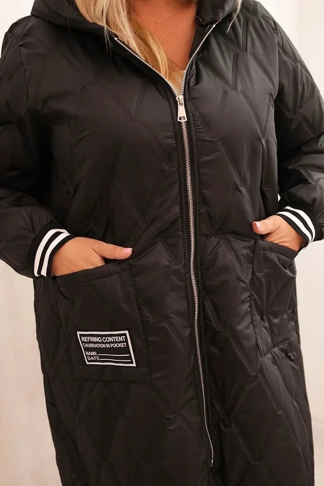 Moteriška Plus Size dygsniuota striukė su gobtuvu, juodos spalvos