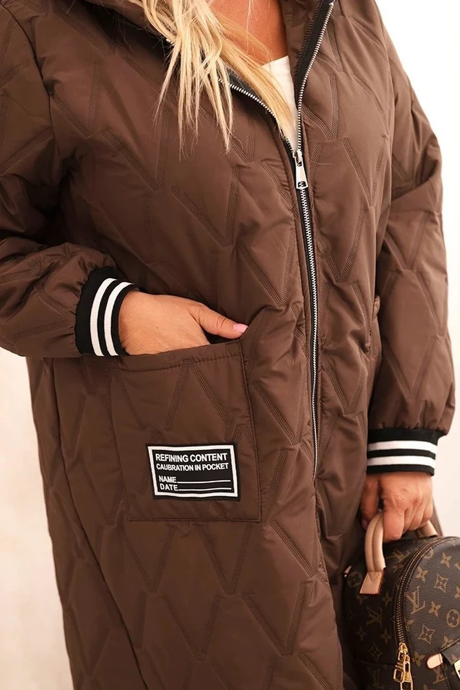 Moteriška Plus Size dygsniuota striukė su gobtuvu, ruda