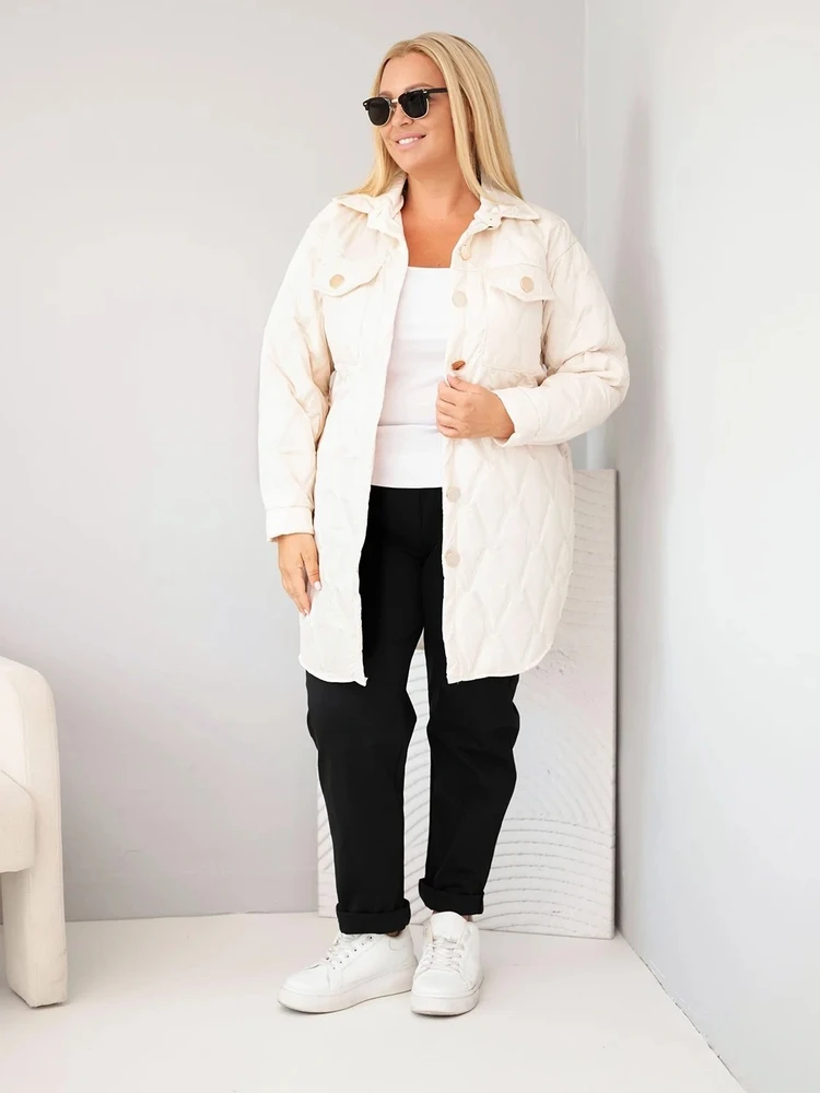 Moteriška Plus Size dygsniuota striukė su apykakle ir kišenėmis, šviesiai smėlio spalvos