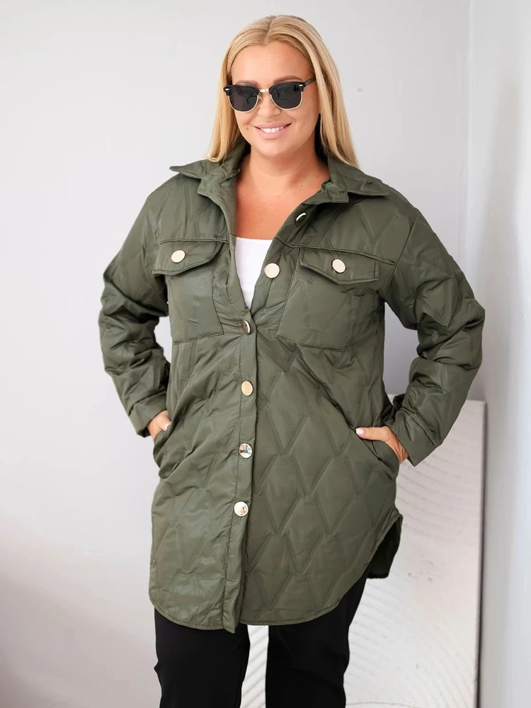 Moteriška Plus Size dygsniuota striukė su apykakle ir kišenėmis, chaki spalvos