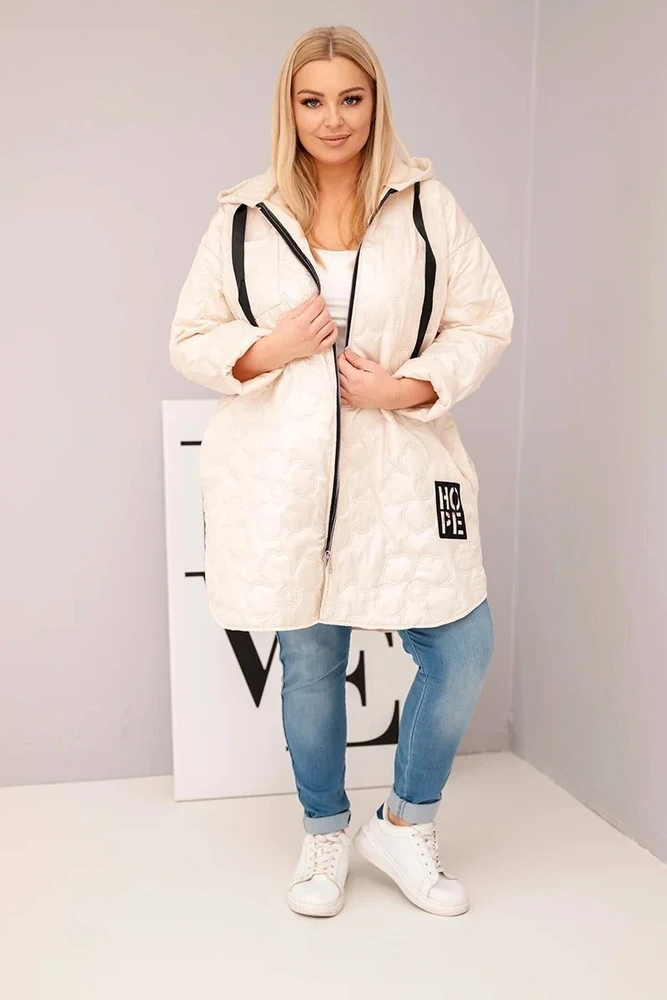 Moteriška Plus Size dygsniuota striukė su gobtuvu HOPE, šviesiai smėlio spalvos