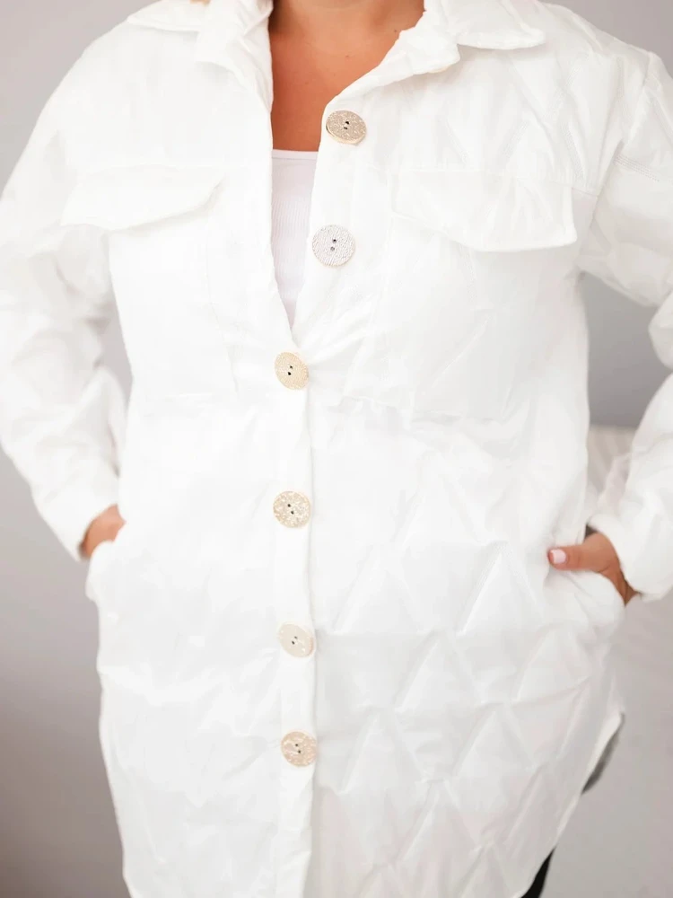 Moteriška Plus Size dygsniuota striukė su apykakle ir kišenėmis, balta