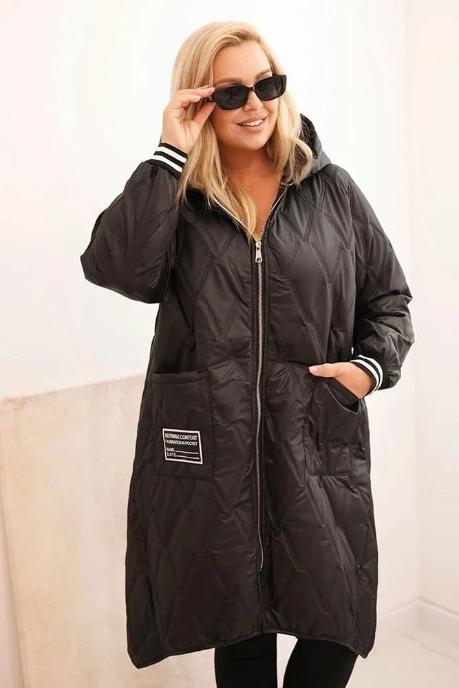 Moteriška Plus Size dygsniuota striukė su gobtuvu, juodos spalvos