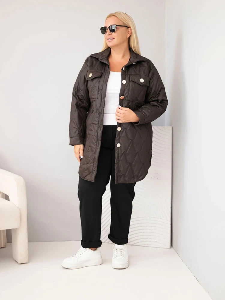 Moteriška Plus Size dygsniuota striukė su apykakle ir kišenėmis, ruda