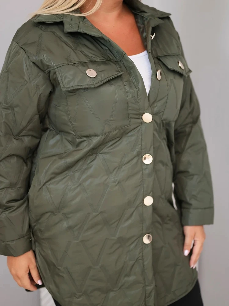 Moteriška Plus Size dygsniuota striukė su apykakle ir kišenėmis, chaki spalvos