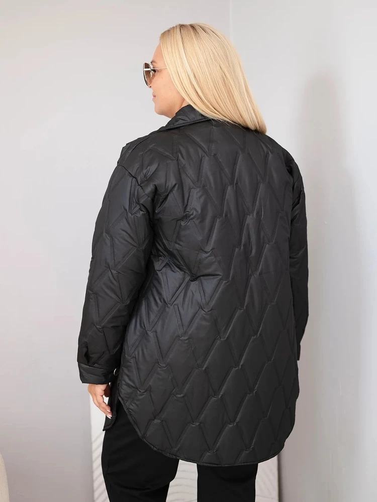 Moteriška Plus Size dygsniuota striukė su apykakle ir kišenėmis, juoda