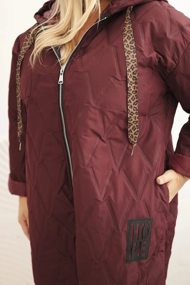 Moteriška Plus Size dygsniuota striukė su gobtuvu, bordo spalvos