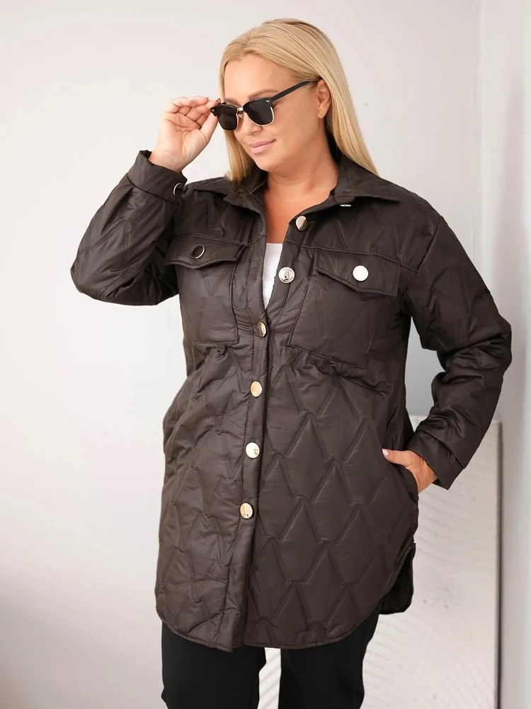 Moteriška Plus Size dygsniuota striukė su apykakle ir kišenėmis, ruda