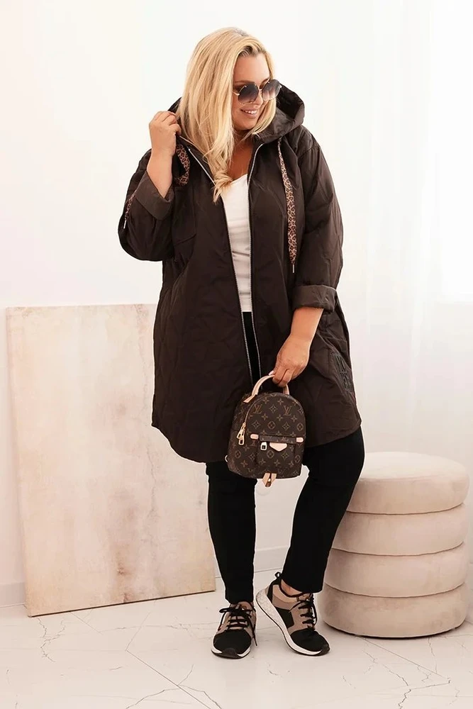 Moteriška Plus Size dygsniuota striukė su gobtuvu HOPE, rudos spalvos