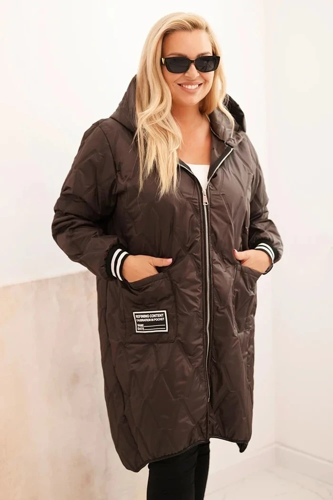 Moteriška Plus Size dygsniuota striukė su gobtuvu ir sportiniais rankogaliais, rudos spalvos